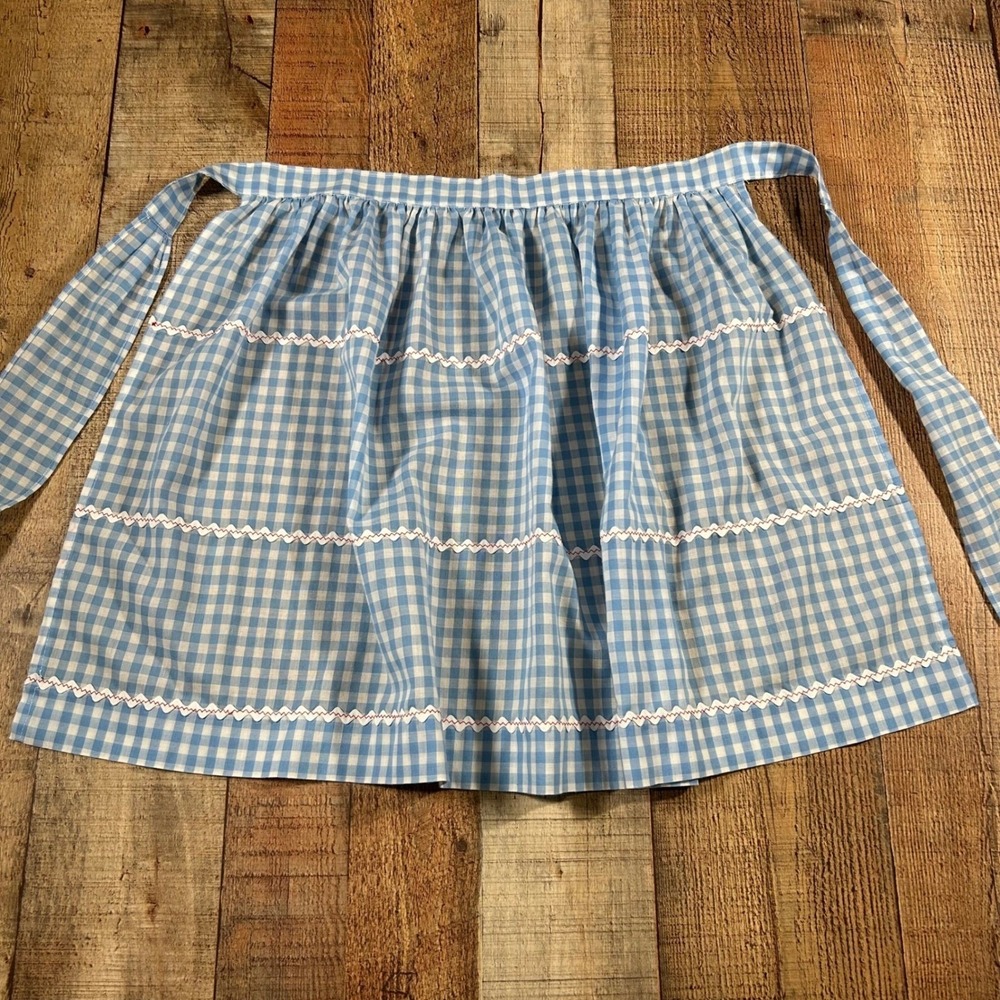 Vintage Blue Gingham Half Apron White Rick Rack Housewife Retro Kitchen Baker